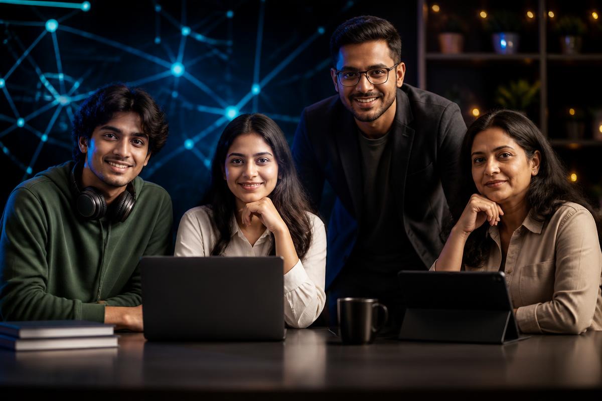 A diverse group of Indian learners and professionals exploring AI