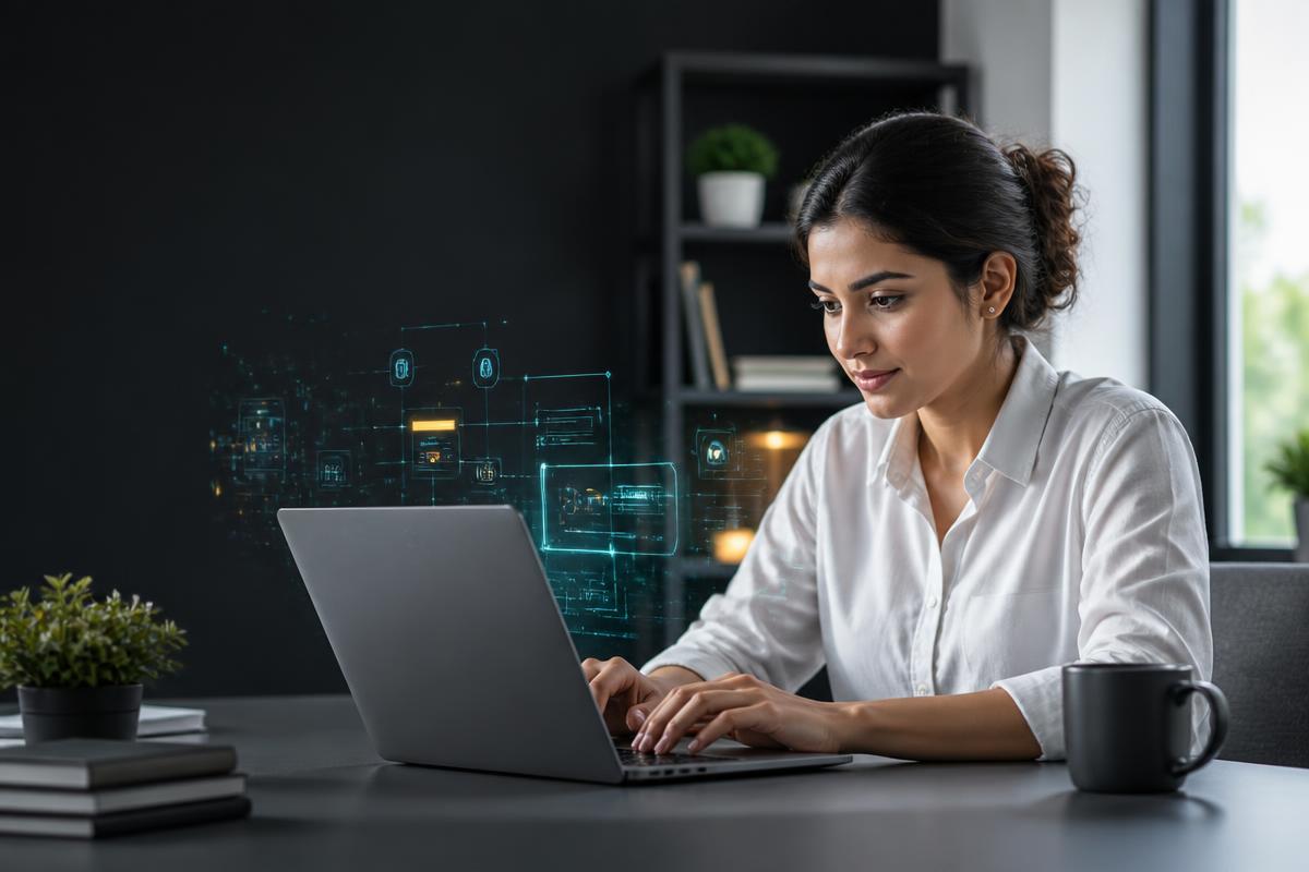 Indian professional using AI tools at her laptop